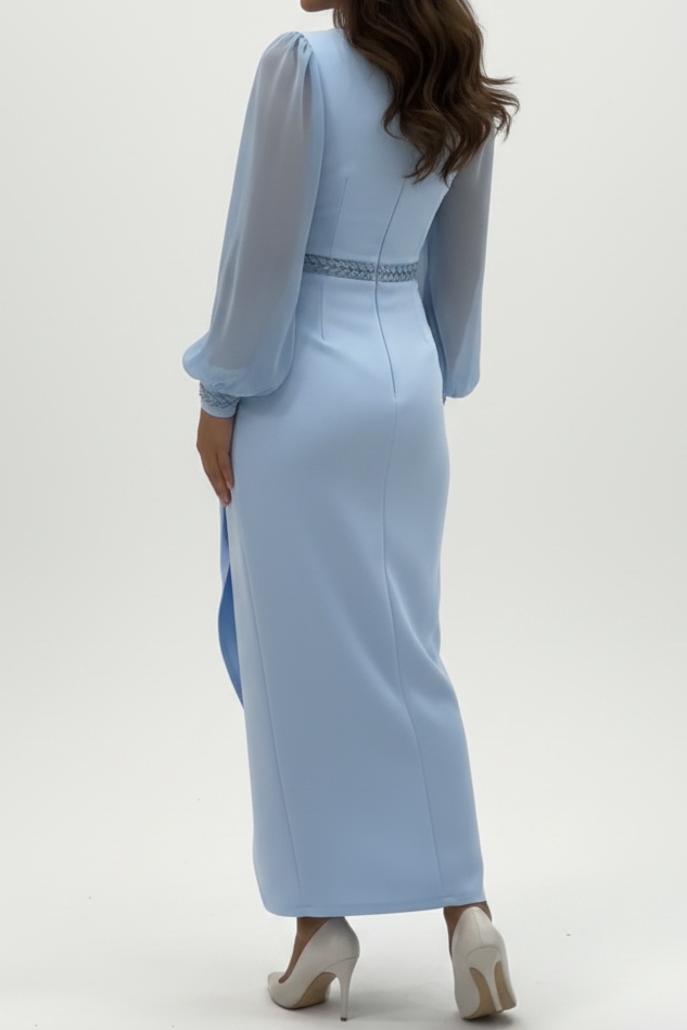 Long Sleeve Ruched Evening Dress with Beaded Waist