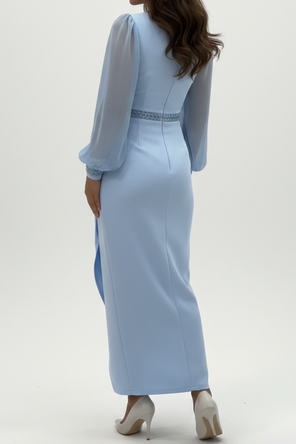 Long Sleeve Ruched Evening Dress with Beaded Waist