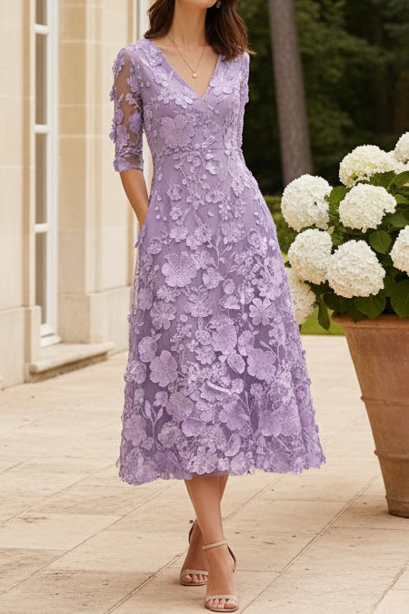 3D Floral Lace Deep V-Neck Midi Dress with Pockets