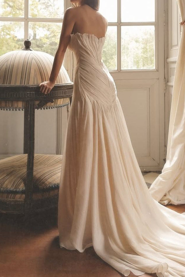 Strapless Ruched Satin Gown with High Slit