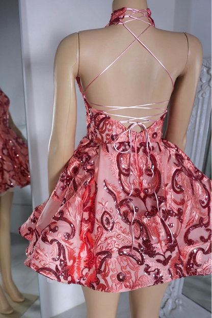 Sequined Halter Neck Homecoming Dress with Lace-Up Back