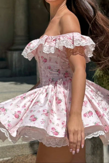 Romantic Floral Corset Off-the-Shoulder Mini Dress