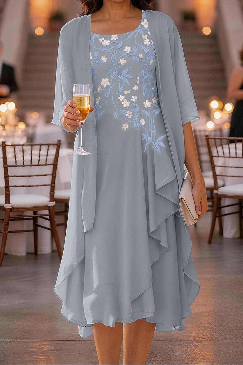 Embroidered Midi Dress with Sheer Jacket