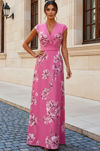 Floral Print A-Line Maxi Dress with Cap Sleeves