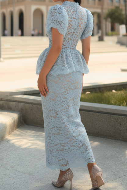 Lace Peplum Dress with High Neck and Puff Sleeves