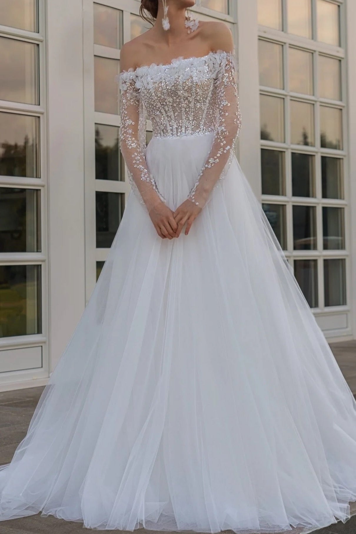 Off-Shoulder Beaded Illusion A-Line Wedding Gown