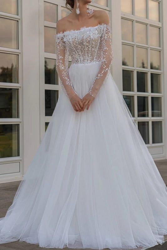 Off-Shoulder Beaded Illusion A-Line Wedding Gown