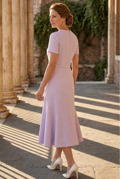 Belted Fluted Midi Dress with Short Sleeves