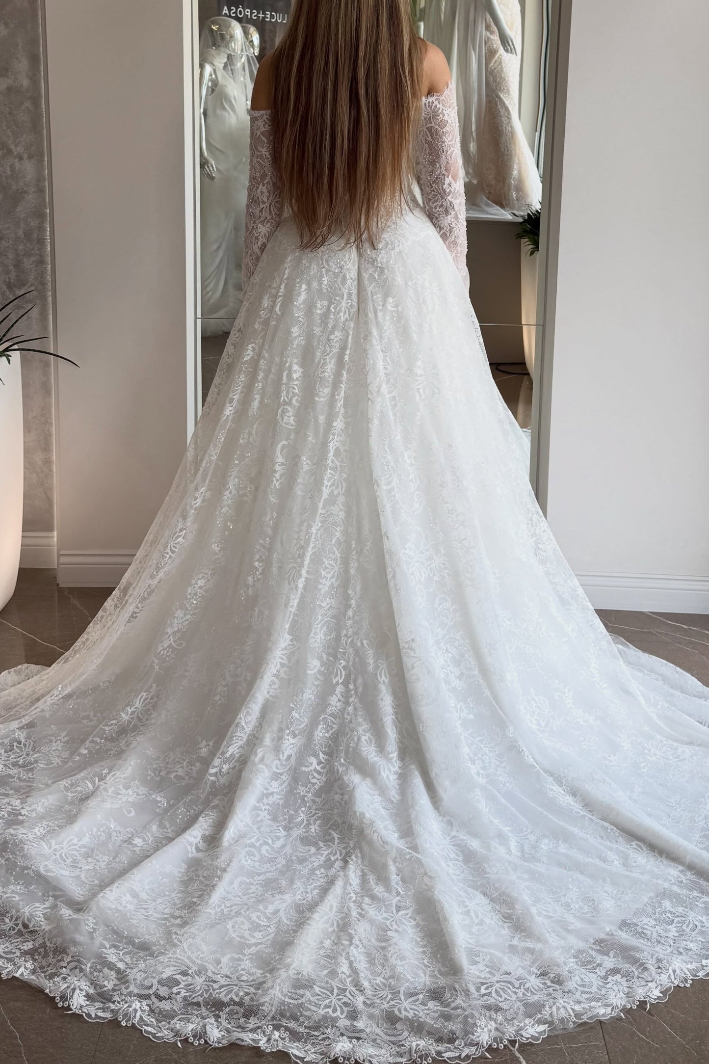Off-Shoulder Lace A-Line Wedding Gown with High Slit