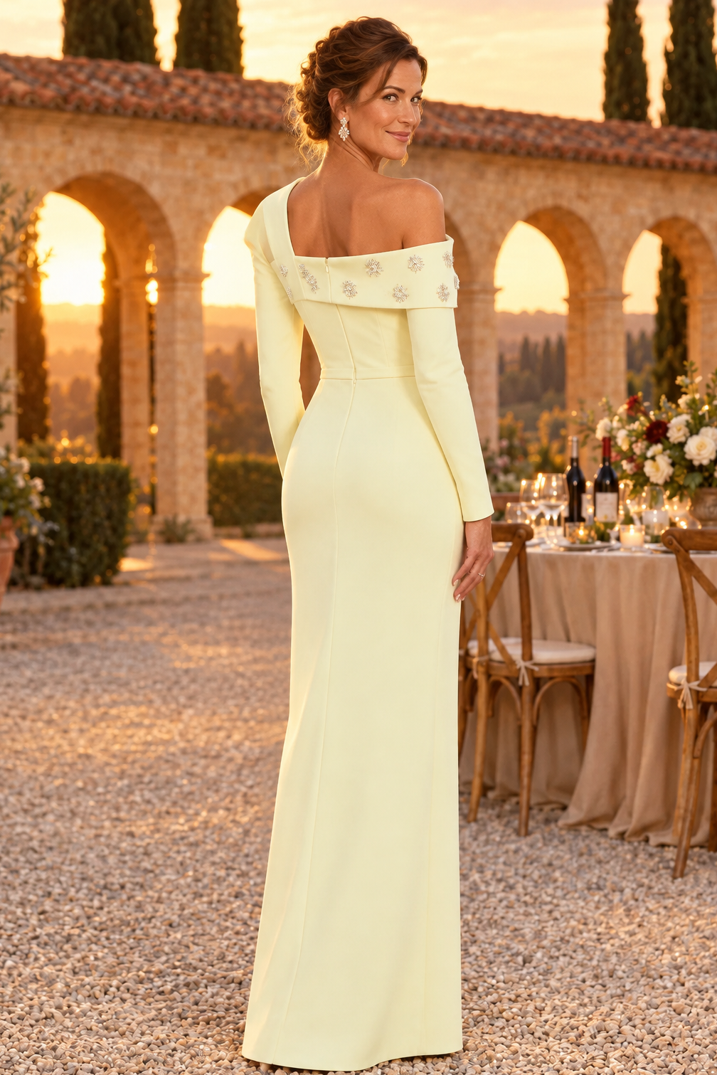 Asymmetrical Embellished Column Gown with Long Sleeves