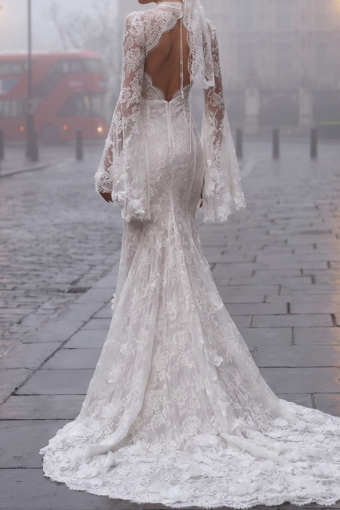 Lace High Neck Bell Sleeve Mermaid Wedding Dress