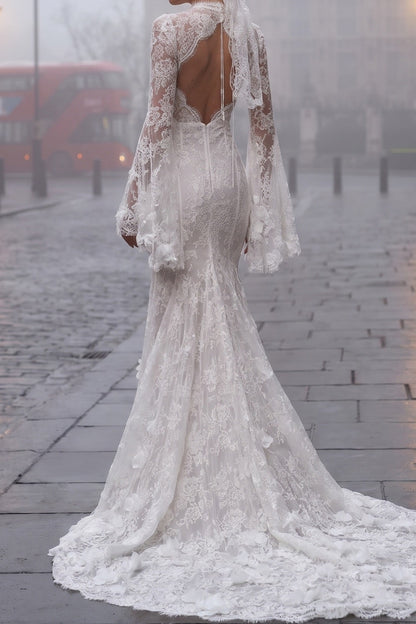 Lace High Neck Bell Sleeve Mermaid Wedding Dress