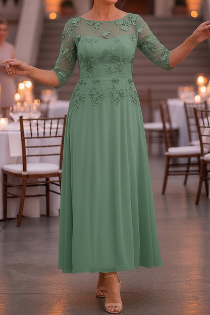Floral Applique Illusion 3/4 Sleeve Tea-Length Dress