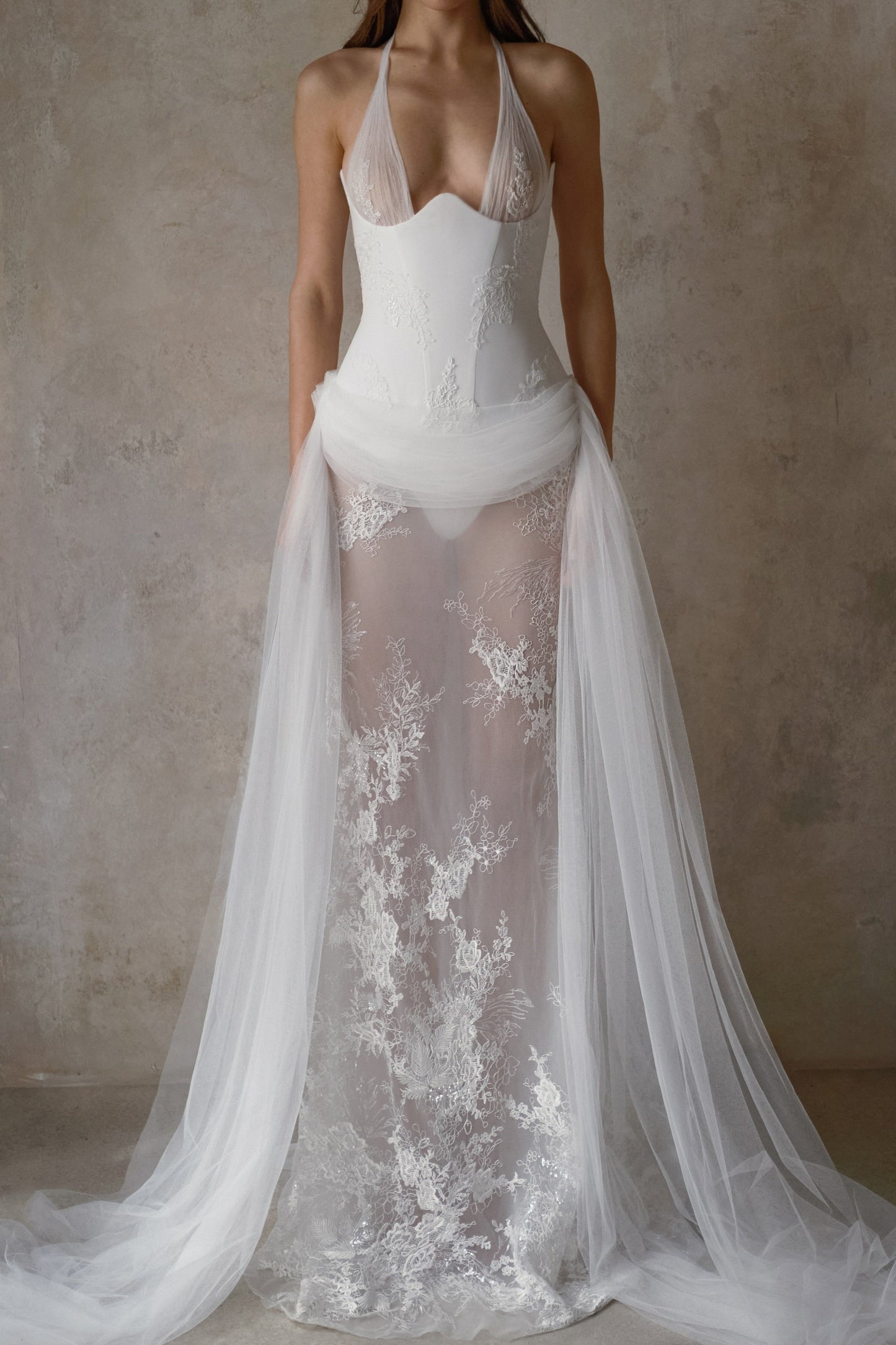 Halter Corset Lace Wedding Dress with Tulle Train