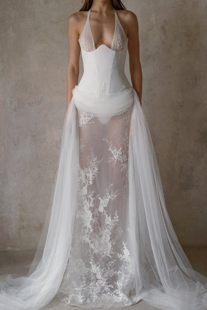 Halter Corset Lace Wedding Dress with Tulle Train