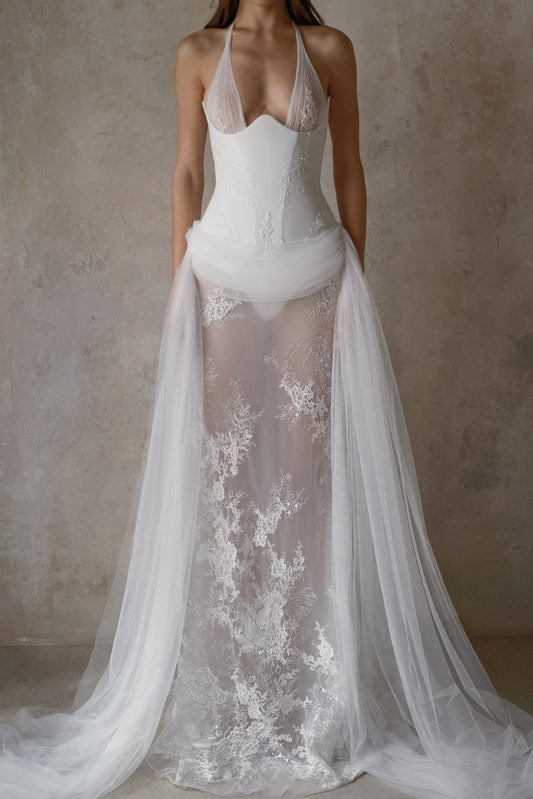 Halter Corset Lace Wedding Dress with Tulle Train