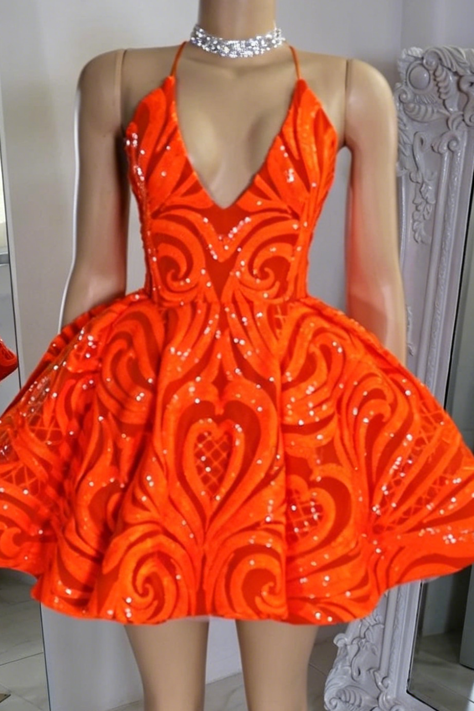 Sequined Halter Open Back Flared Mini Dress