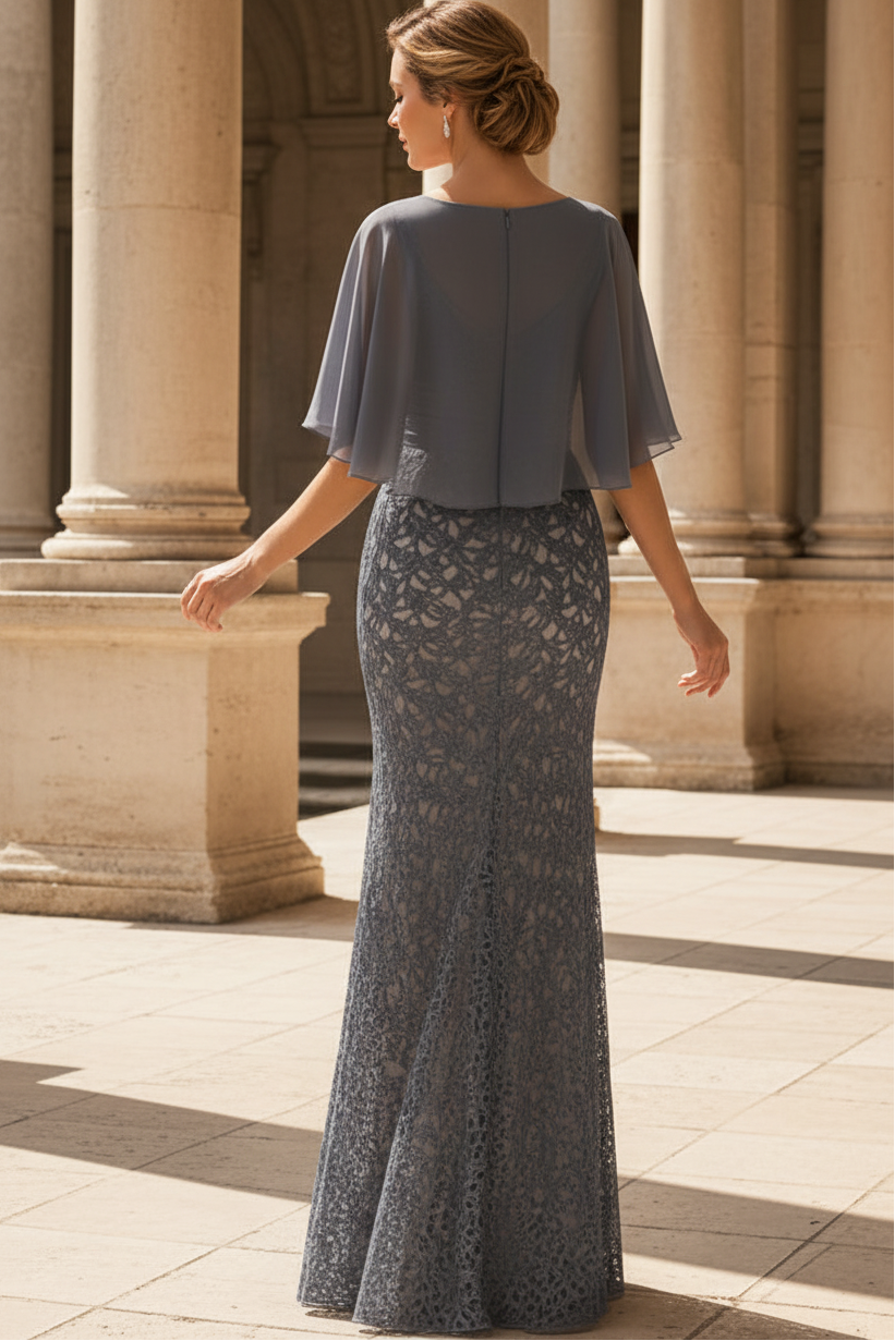 Lace Mermaid Gown with Sheer Cape Bodice