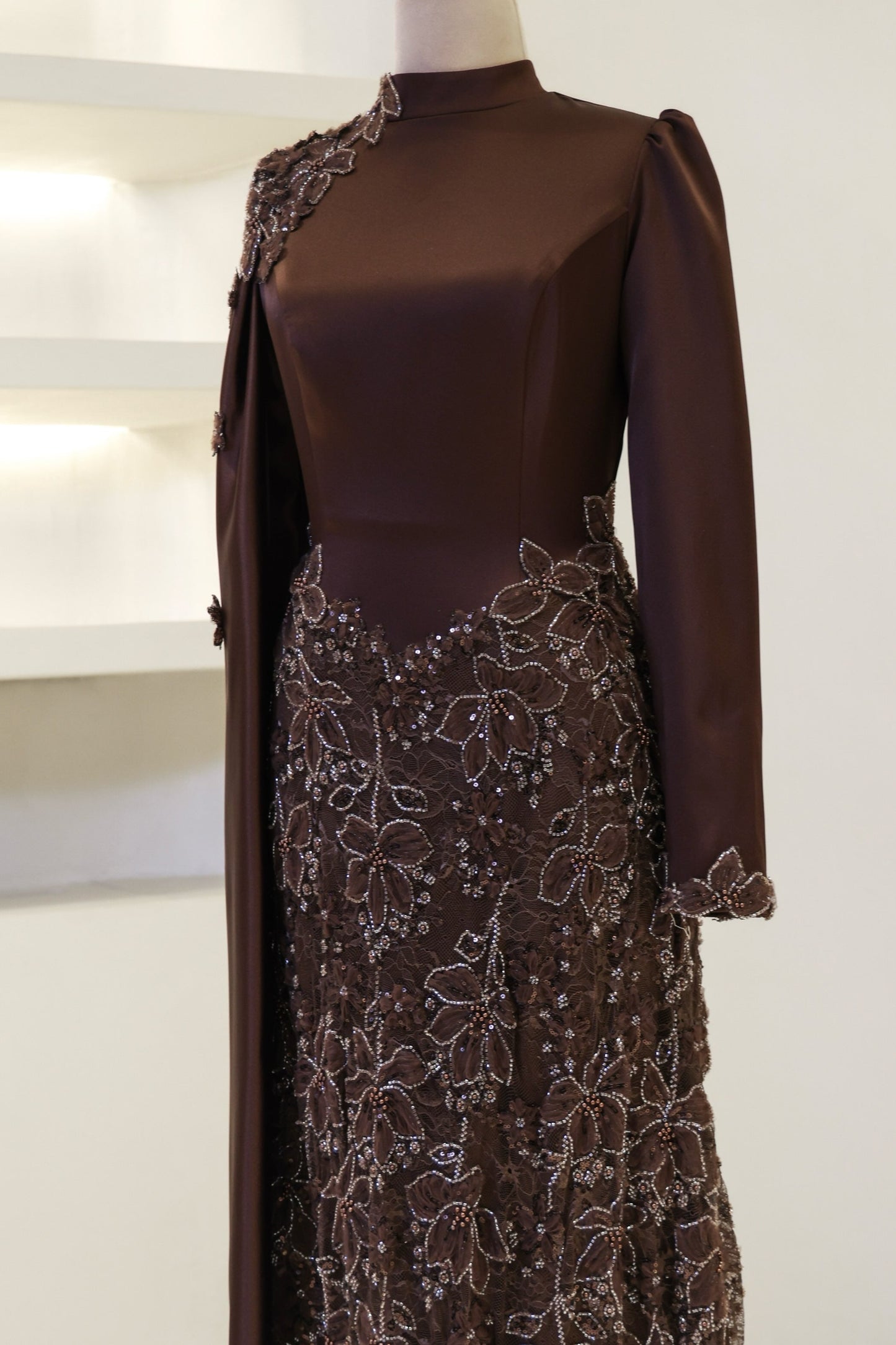 High-Neck Long-Sleeve Evening Gown with Floral Cape