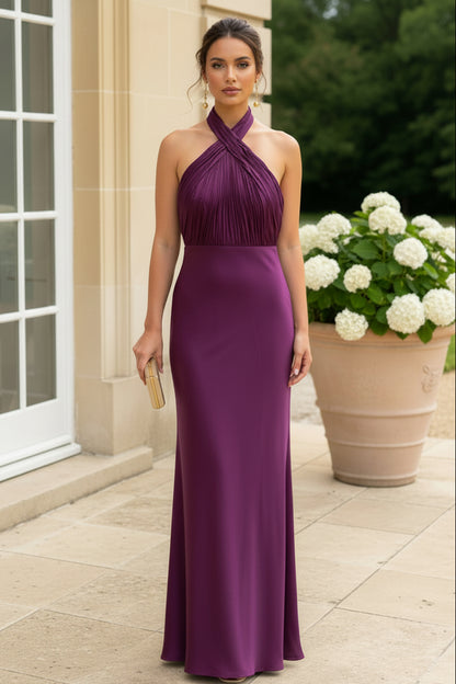 Pleated Halter Neck Satin Maxi Dress