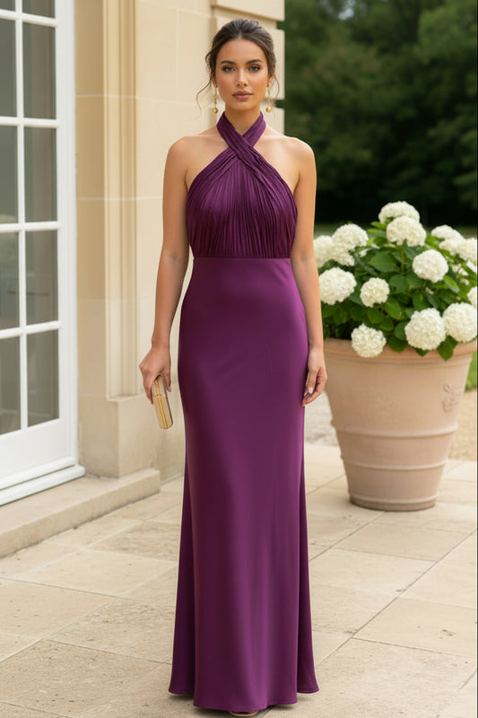 Pleated Halter Neck Satin Maxi Dress