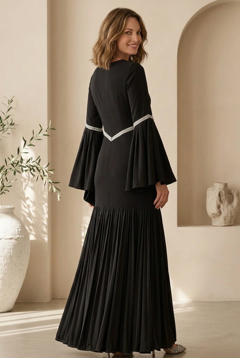 Bell Sleeve Maxi Dress with Pleated Trumpet Hem