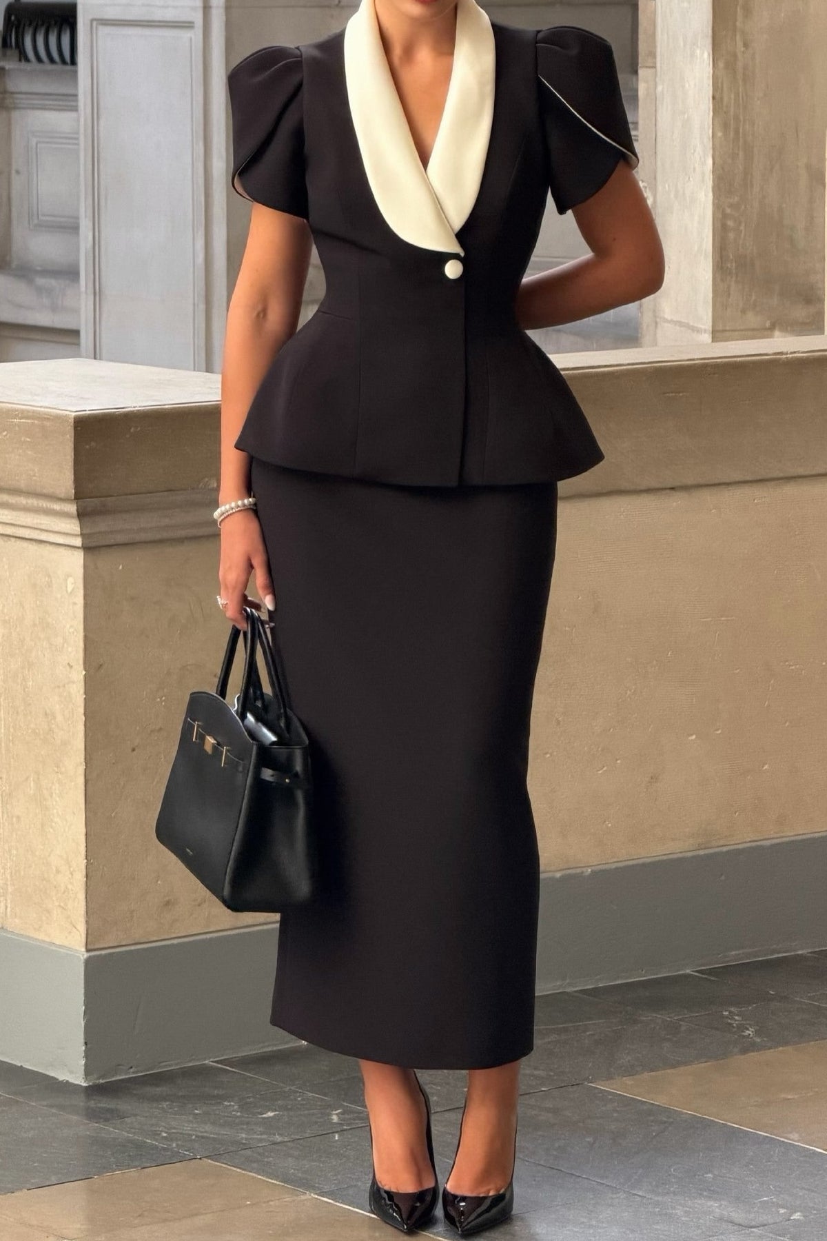 Peplum Shawl-Collar Midi Skirt Suit Set