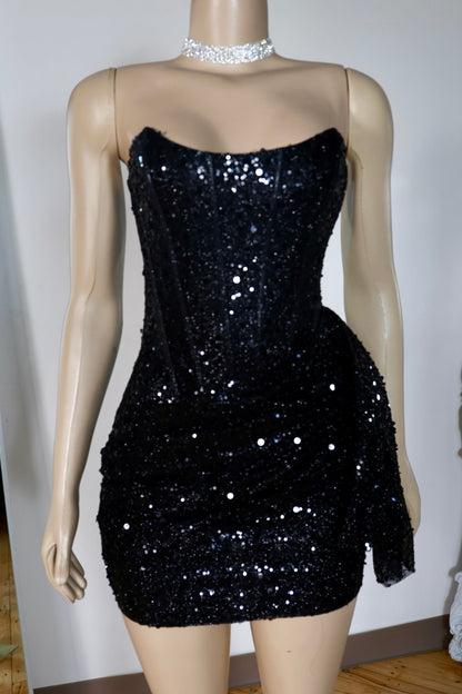 Strapless Corset Sequin Mini Dress with Side Draping
