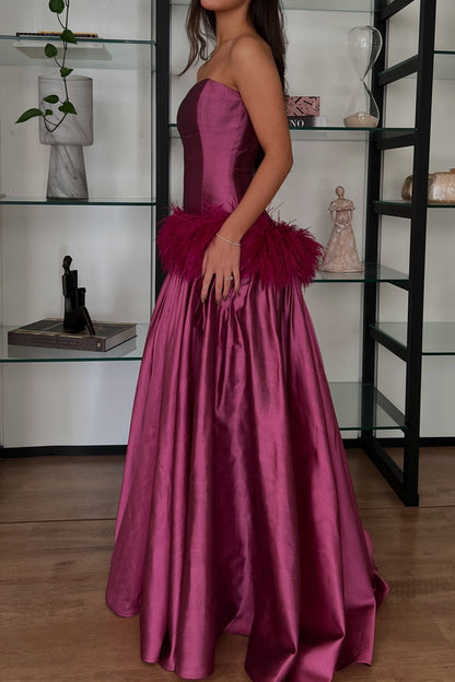Strapless Feather Drop Waist Ball Gown