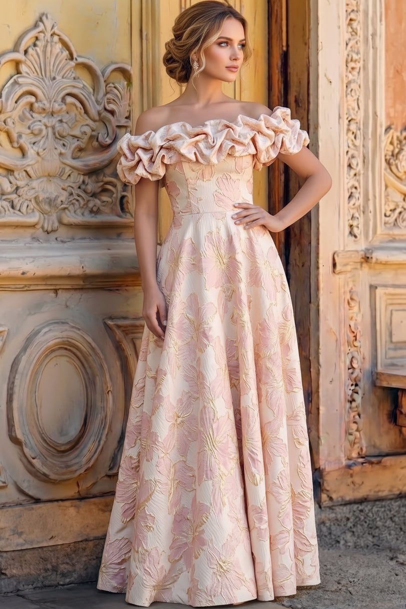 Off-the-Shoulder Ruffled Jacquard A-Line Dress