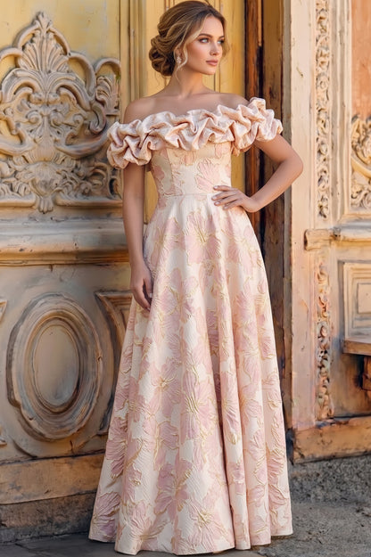 Off-the-Shoulder Ruffled Jacquard A-Line Dress