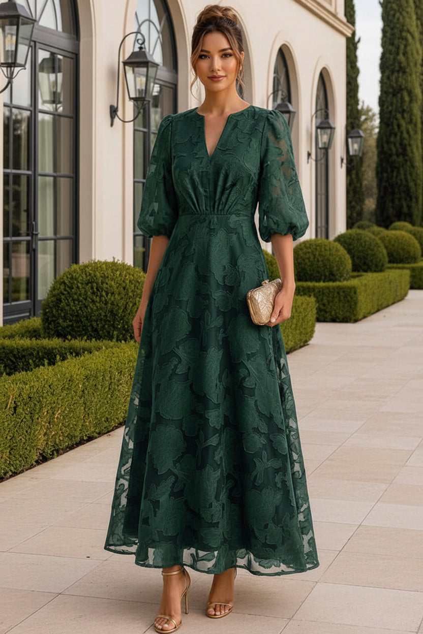 Floral Jacquard V-Neck A-Line Dress with Puff Sleeves