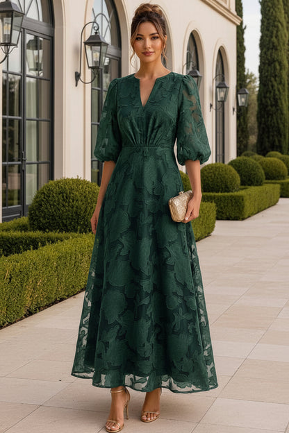 Floral Jacquard V-Neck A-Line Dress with Puff Sleeves