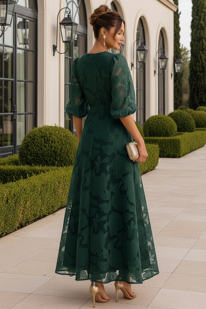 Floral Jacquard V-Neck A-Line Dress with Puff Sleeves