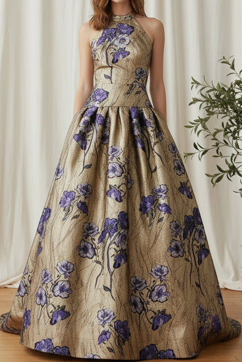 Halter Floral Metallic Ball Gown Dress with Pockets