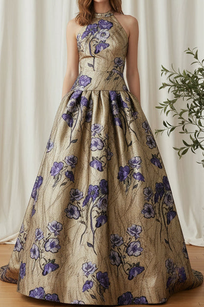 Halter Floral Metallic Ball Gown Dress with Pockets