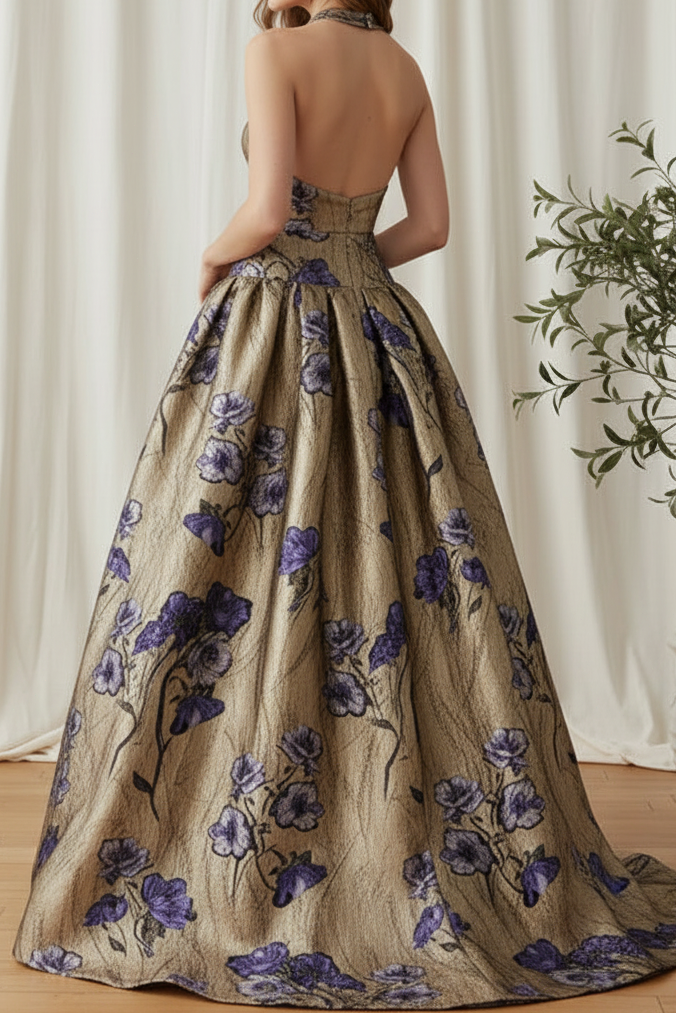 Halter Floral Metallic Ball Gown Dress with Pockets