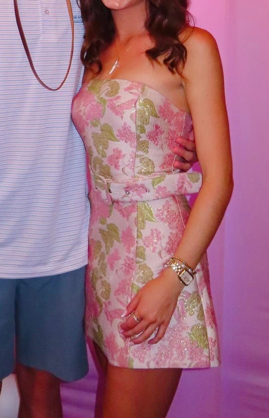 Strapless Floral Jacquard Mini Dress with Belt
