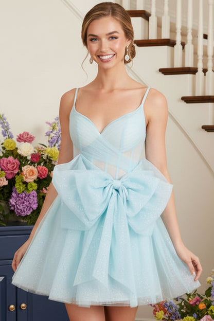 Glitter Tulle A-Line Mini Dress with Statement Bow