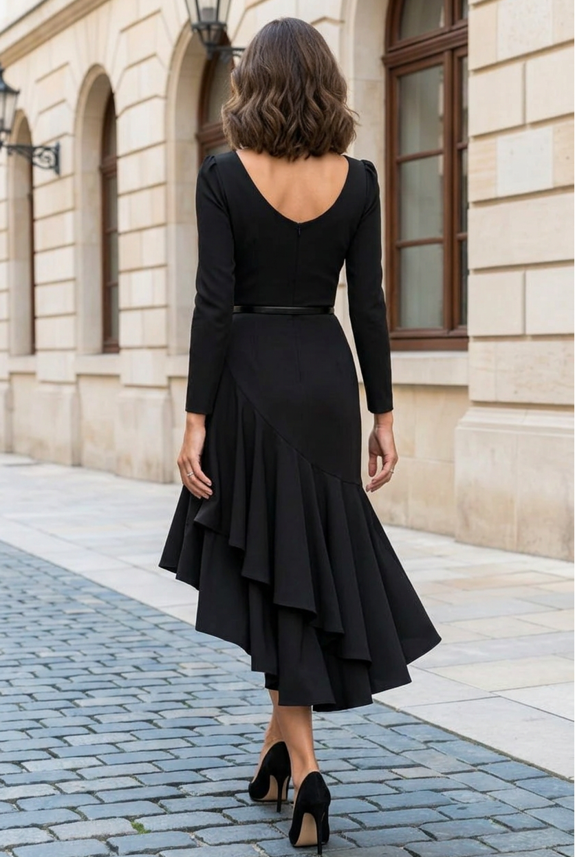 Long Sleeve Asymmetrical High-Low Midi Dress
