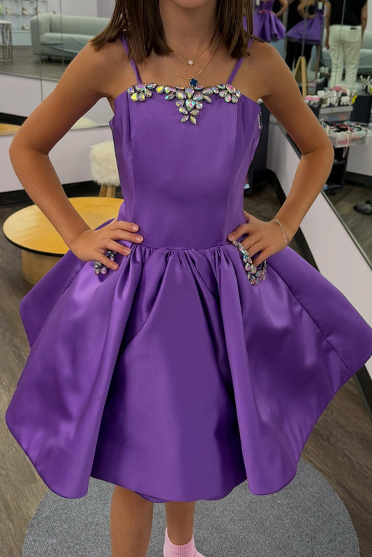 Satin Bubble Skirt Dress with Crystal Trim
