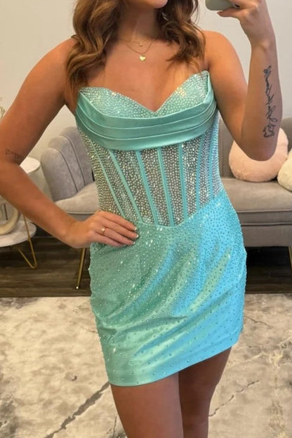 Strapless Rhinestone Corset Bodycon Mini Dress