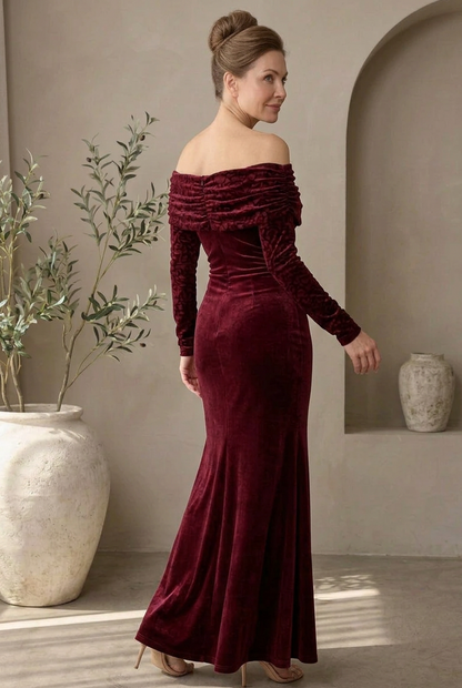 Off-the-Shoulder Ruched Velvet Maxi Dress