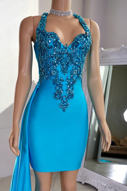 Beaded Halter Bodycon Mini Dress with Side Drape