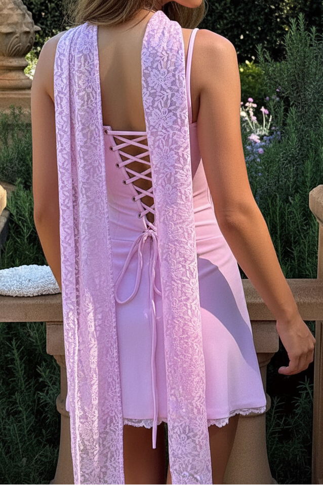 Corset Mini Dress with Lace Trim and Scarf