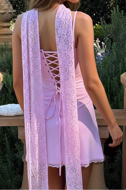 Corset Mini Dress with Lace Trim and Scarf