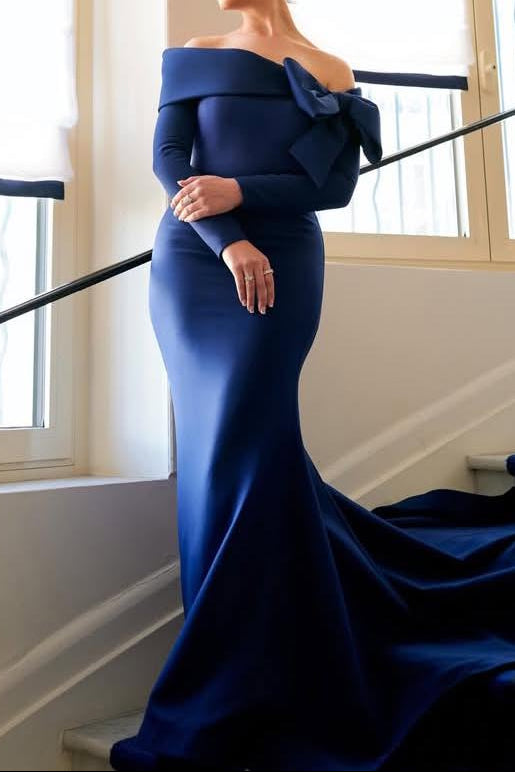 Off-Shoulder Mermaid Gown with Long Sleeves and Bow