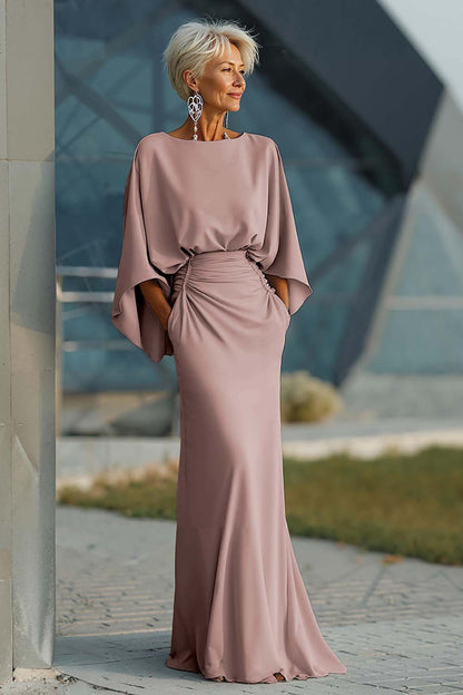 Elegant Ruched Evening Gown with Cape Sleeves