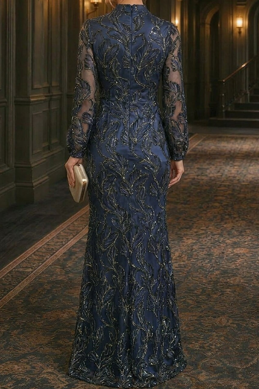 Embroidered High-Neck Long Sleeve Mermaid Gown