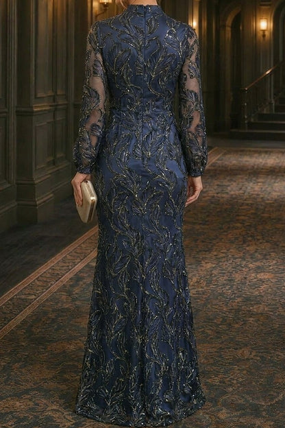 Embroidered High-Neck Long Sleeve Mermaid Gown